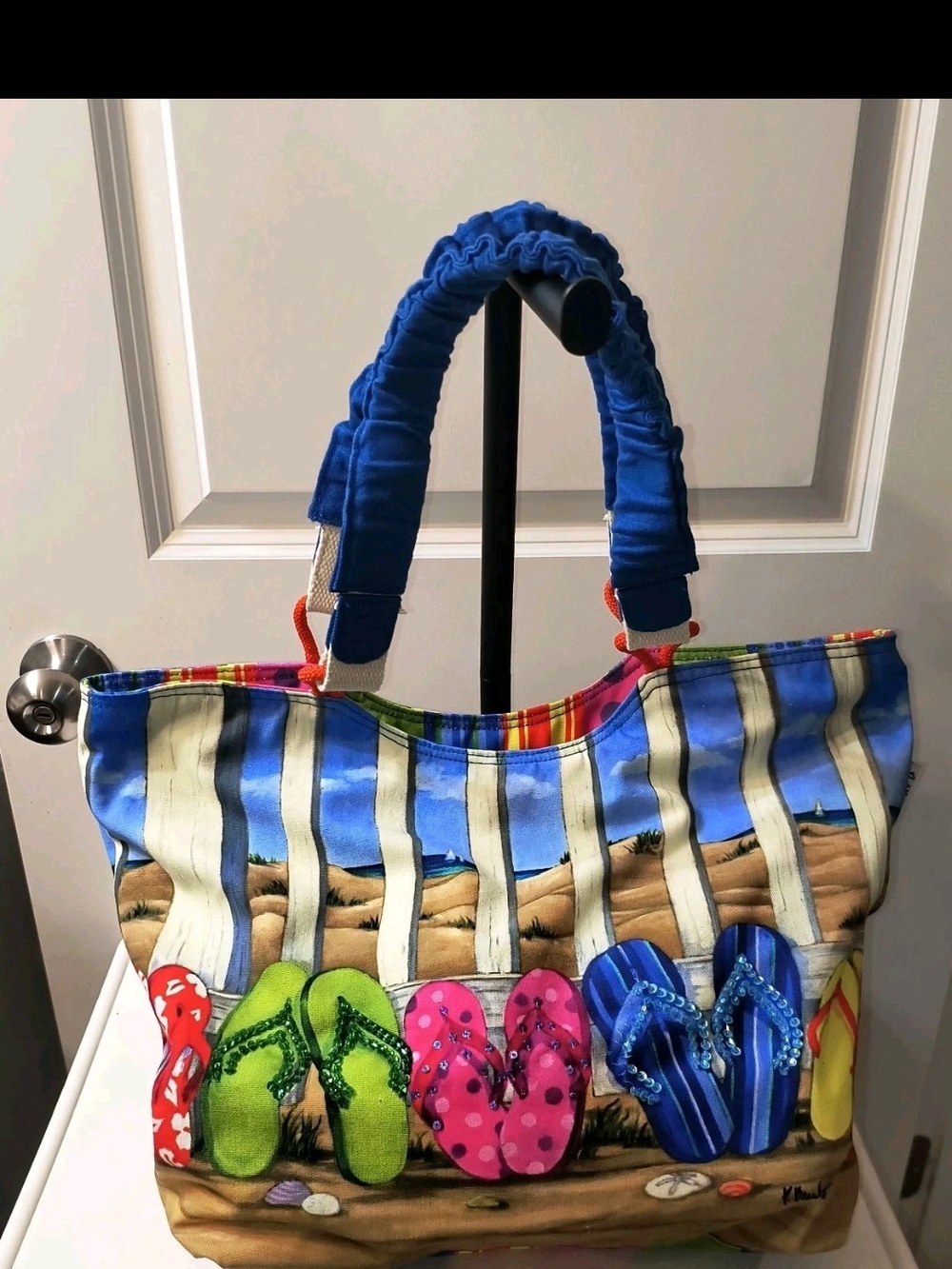 Sun N Sand Paul Brent Canvas Beach Bag Beaded Flip Flop Shoulder Tote